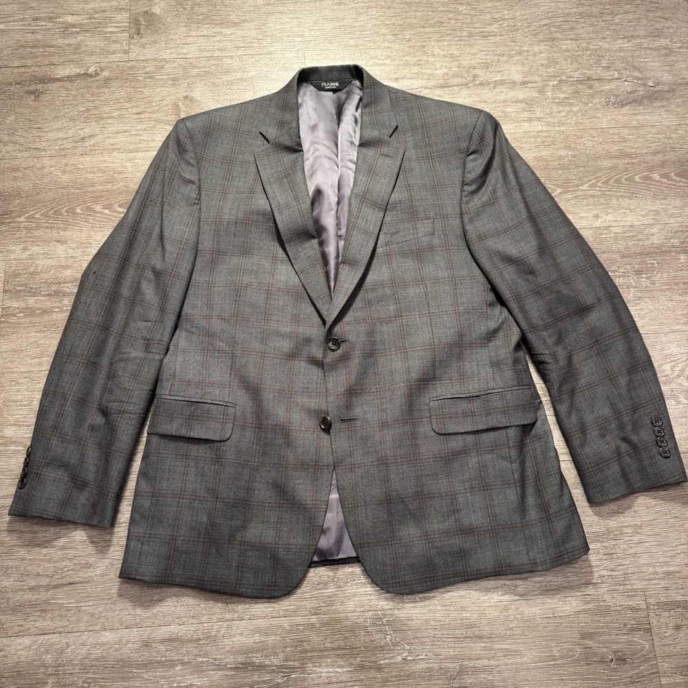 Jos A Bank Sport Coat 44 R Gray Plaid‎ Silk Wool Blend Two Button Blazer Jacket